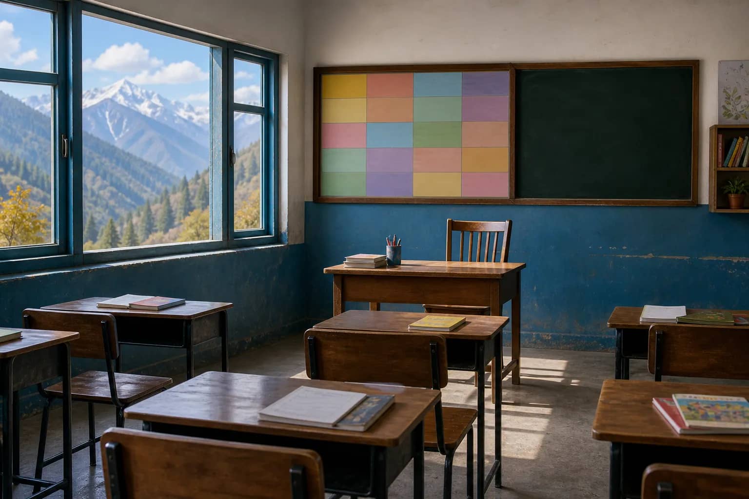 Empty teacher’s chair in a small hill-state government school classroom