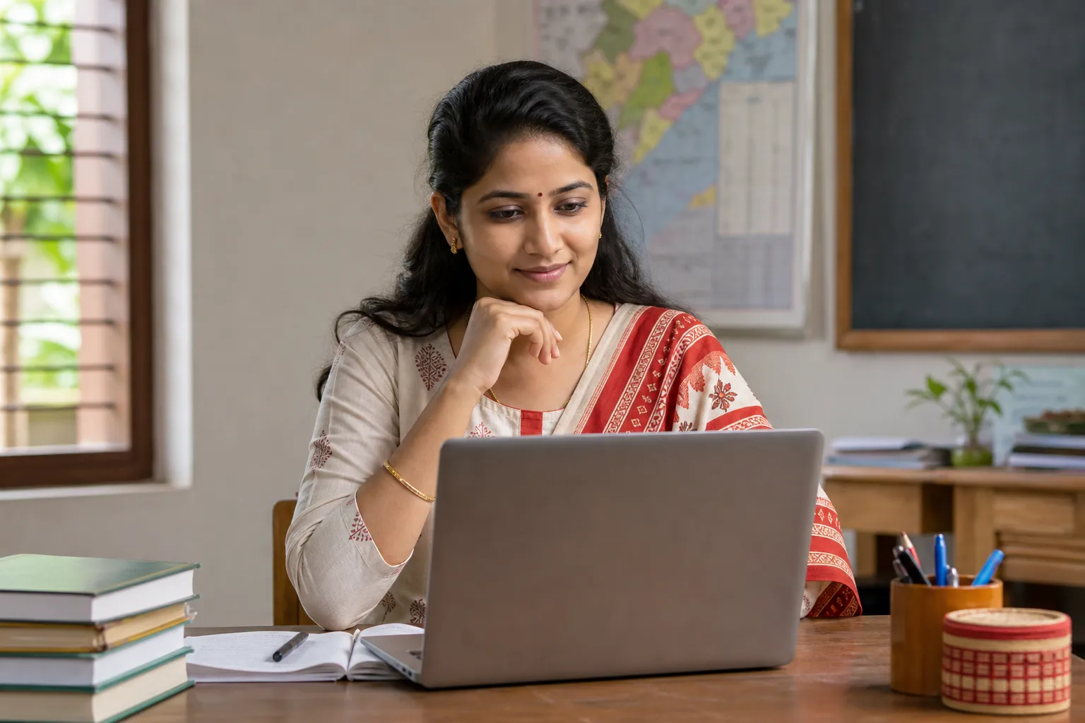 Teacher applicant checking an examination score on a laptop in Odisha