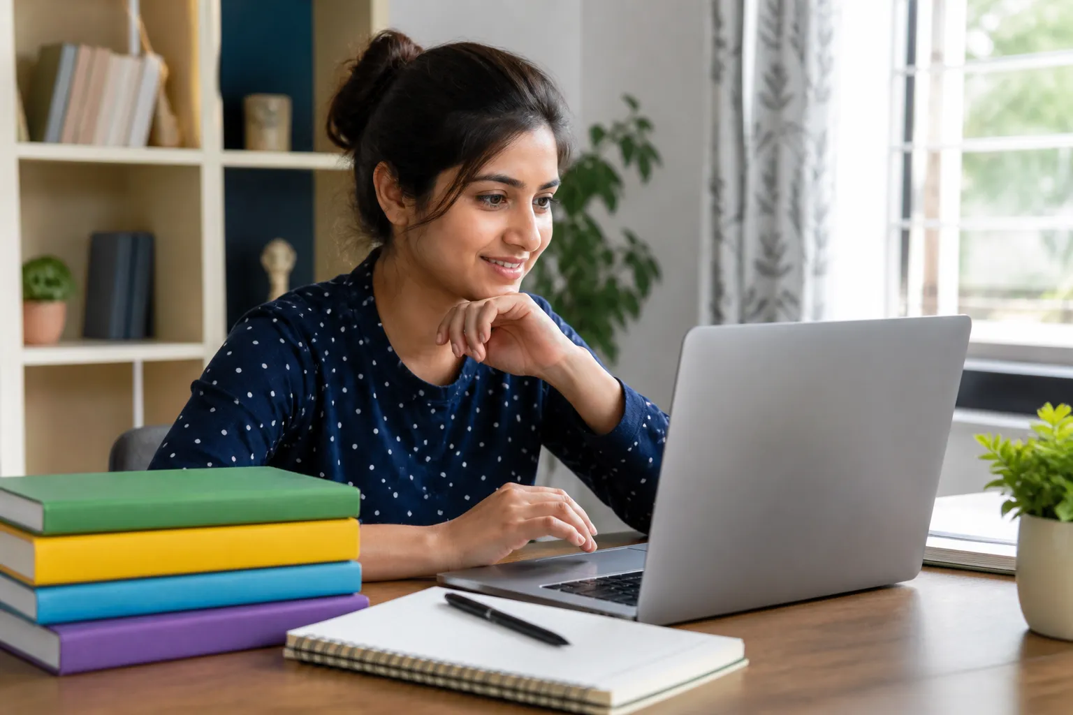 Distance-learning student checking university results beside study material