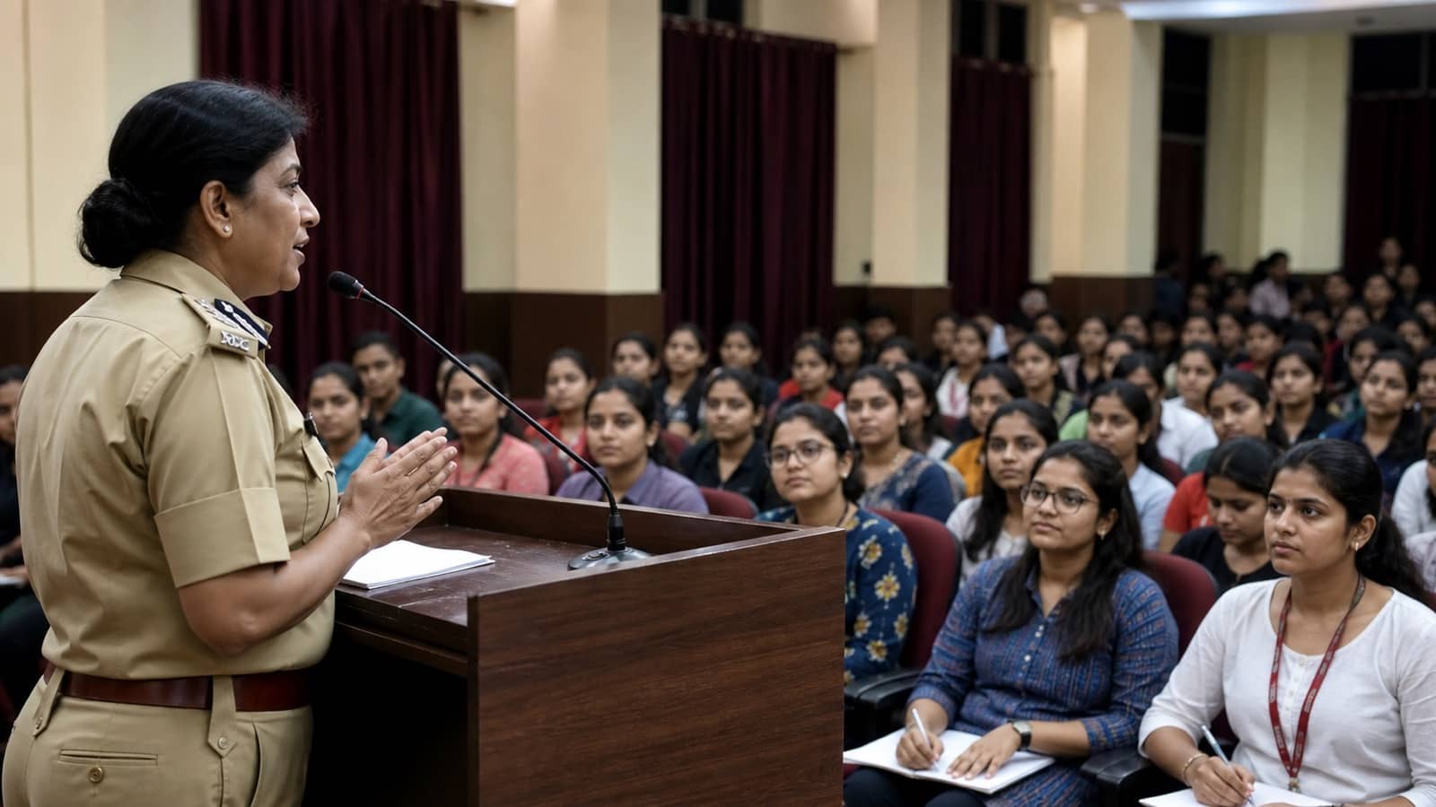 Senior police officer answering questions from schoolgirls in a Varanasi auditorium