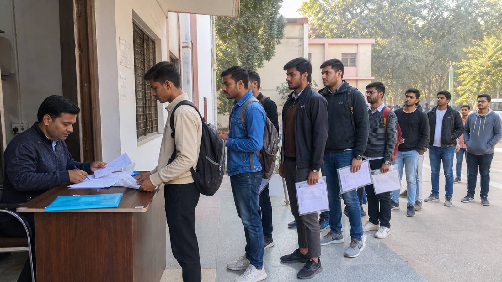 Students carrying certificates outside a hostel office in Varanasi Cantt
