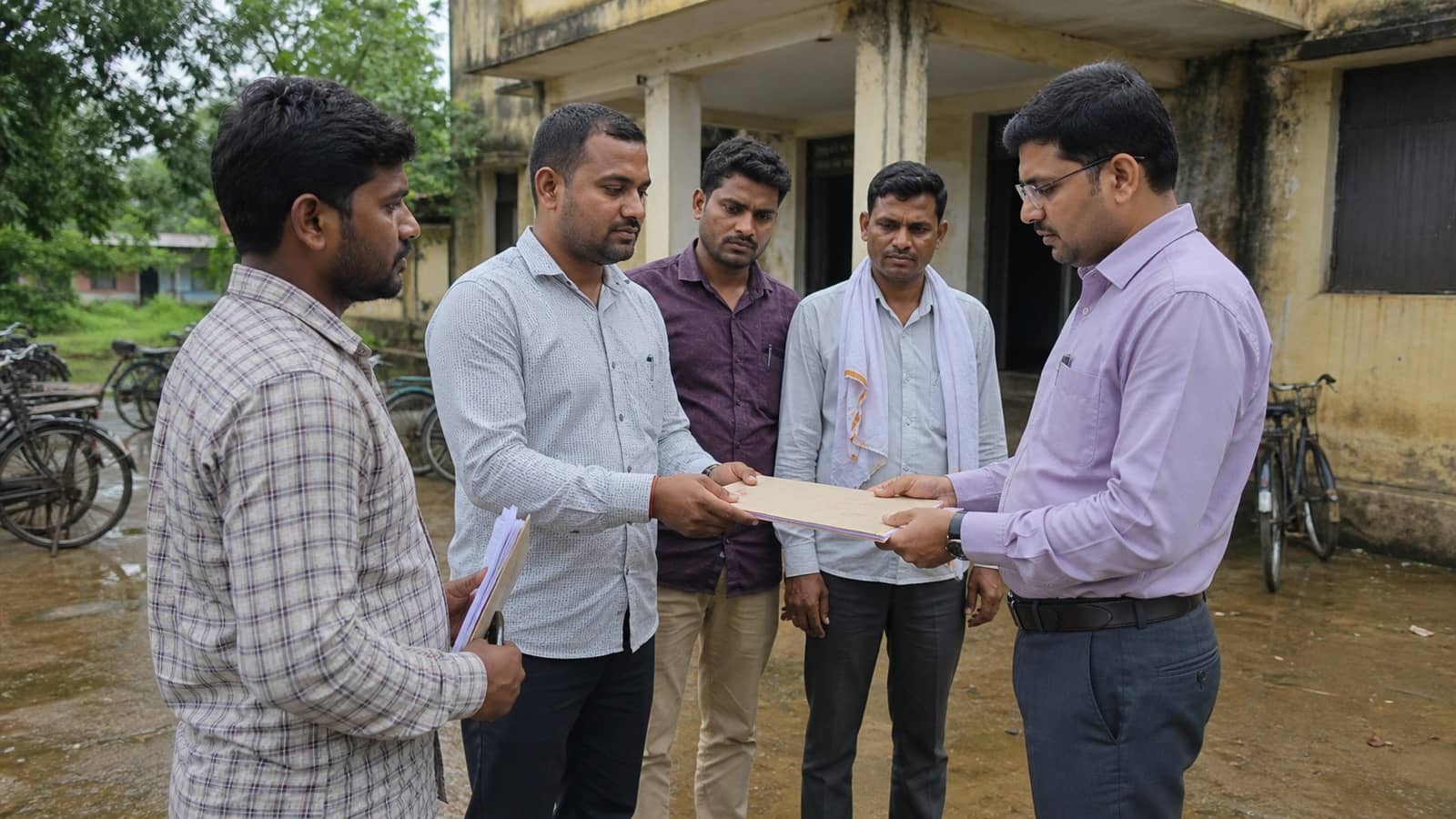 Panchayat assistants handing a memorandum to a block official in Pindra