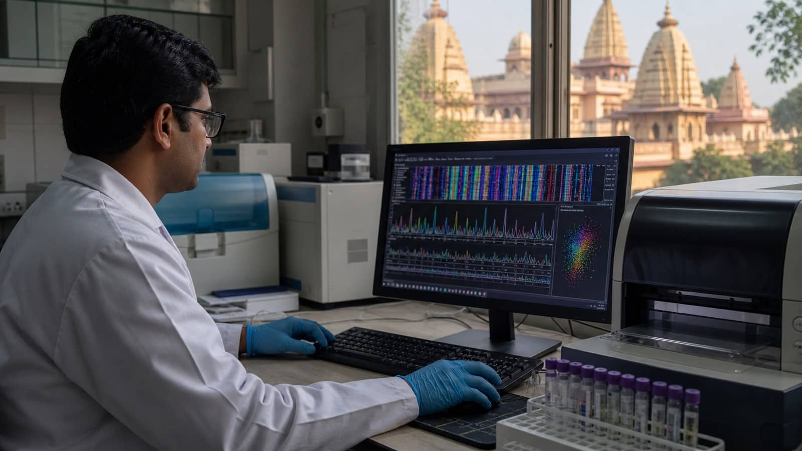 Genetic researcher studying human migration data in a BHU laboratory