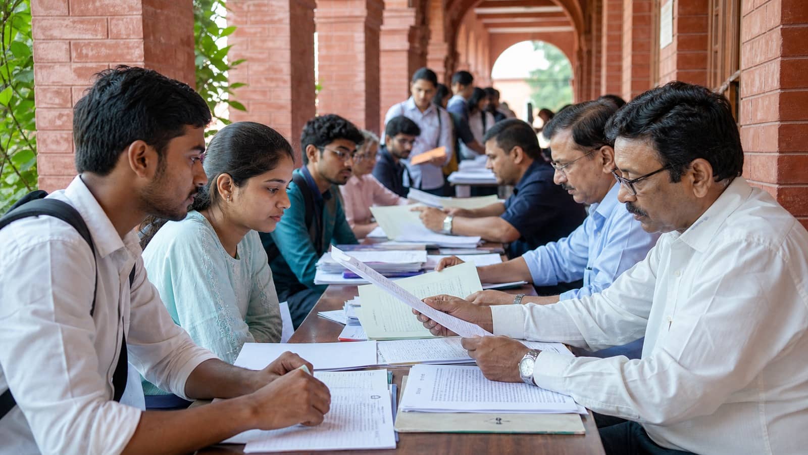 Students checking admission documents outside Kashi Vidyapith