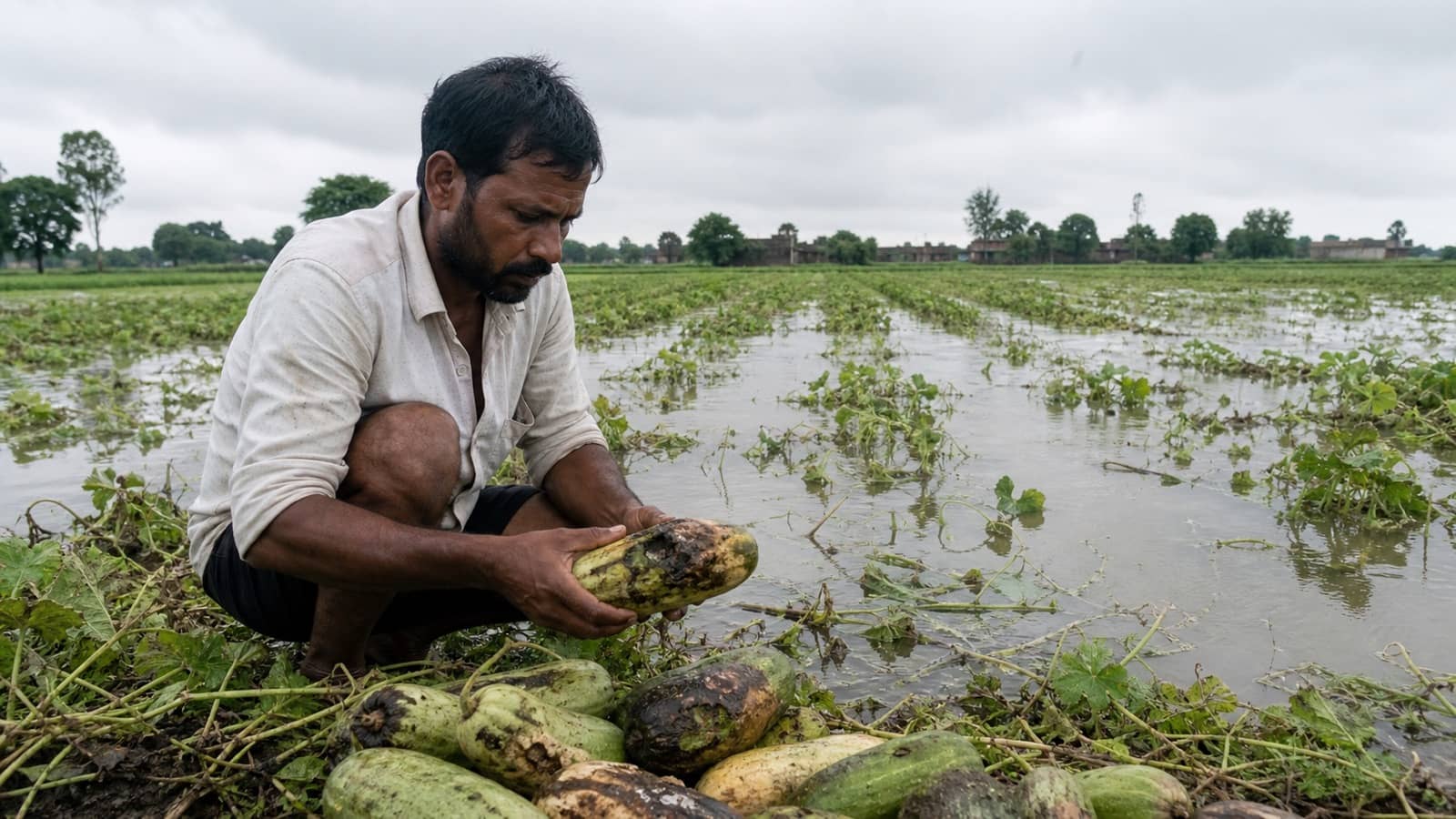 A Varanasi farmer examining waterlogged vegetable plants after heavy rain