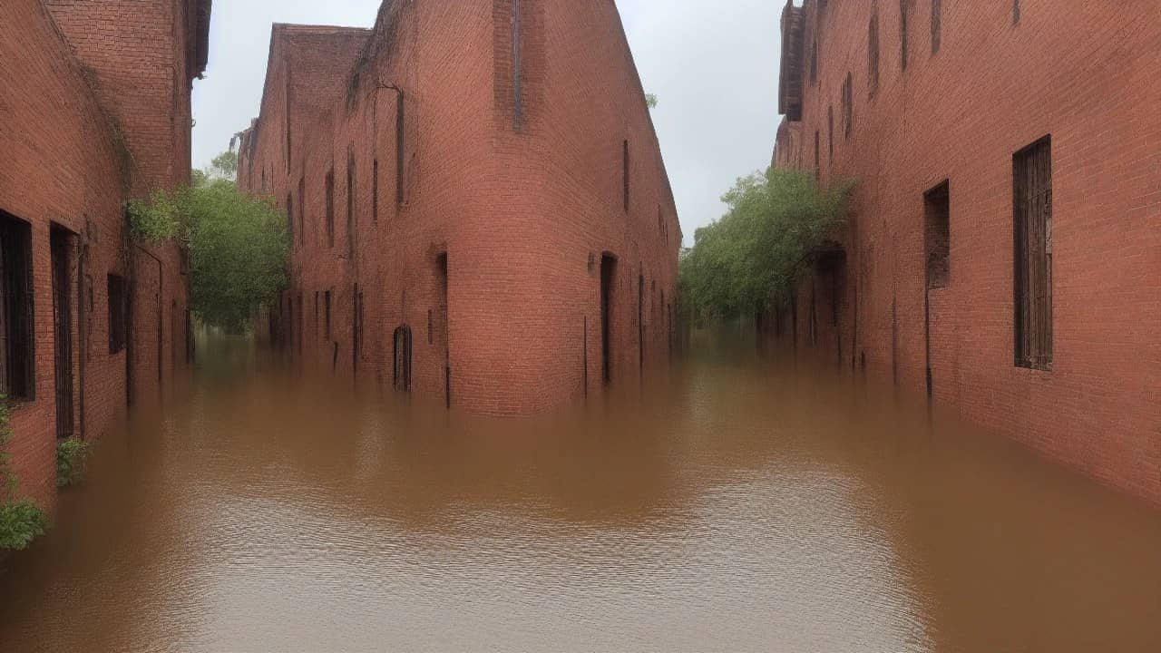 Empty waterlogged narrow residential lane with brown standing water reflecting monsoon grey sky, brick walls and shuttered shopfronts without readable signs, no people