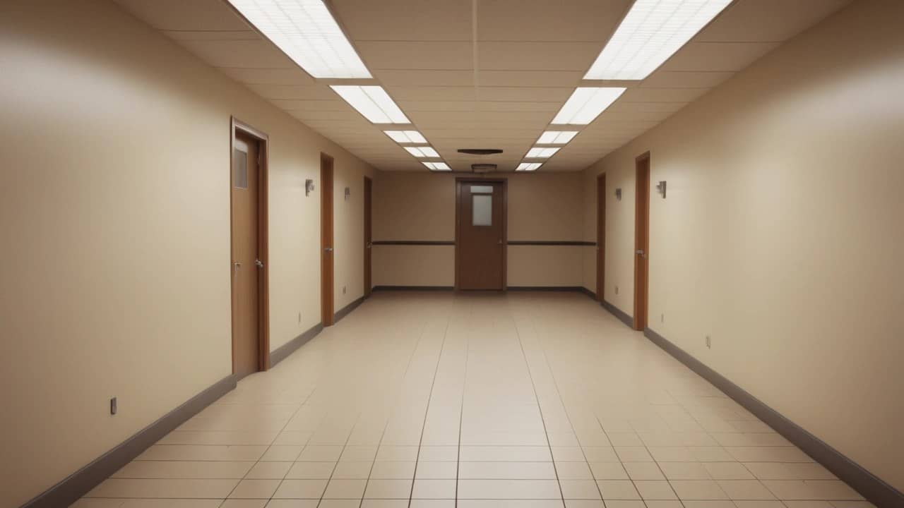 Empty institutional corridor with plain walls and a closed wooden door under fluorescent light, no people, no documents visible, no text or logos