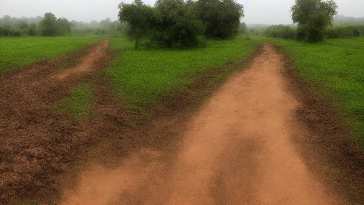 Empty rural village dirt path with monsoon greenery and a plain brick boundary wall under overcast sky, no people, no vehicles with plates, no text or logos