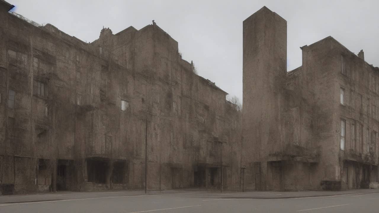 Empty aged multi-storey riverside hotel facade with weathered plaster and a quiet debris-cleared street in front, overcast daylight, no people, no readable signs or logos