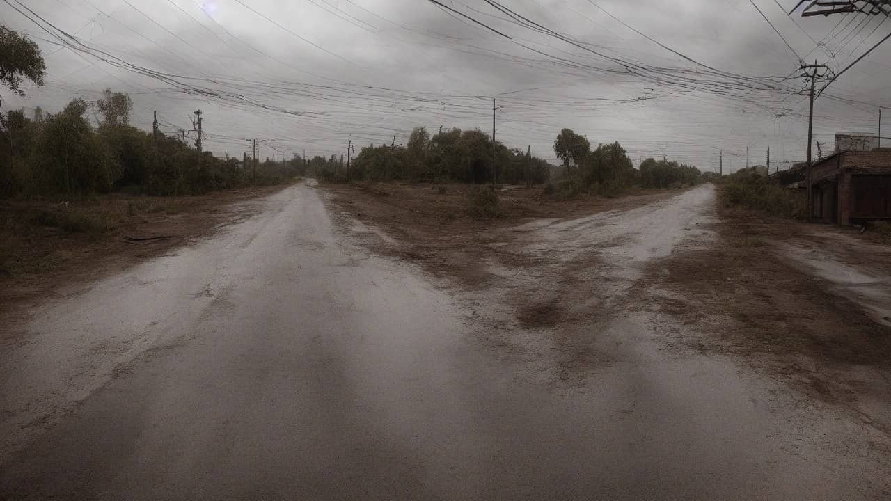 Empty Indian roadside with utility poles and overhead power lines under a cloudy sky, wet asphalt, no people, no readable signs or logos