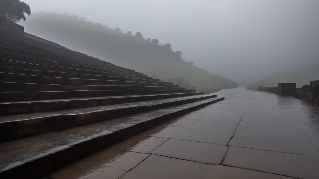 Empty wet stone ghat under a grey monsoon sky with rain-darkened steps and a wide river beyond, no people, no boats close, no text or logos