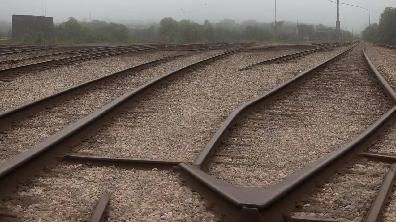 Empty Indian railway platform with wet tracks receding under overcast sky, no train close, no people, no readable station nameboards or logos