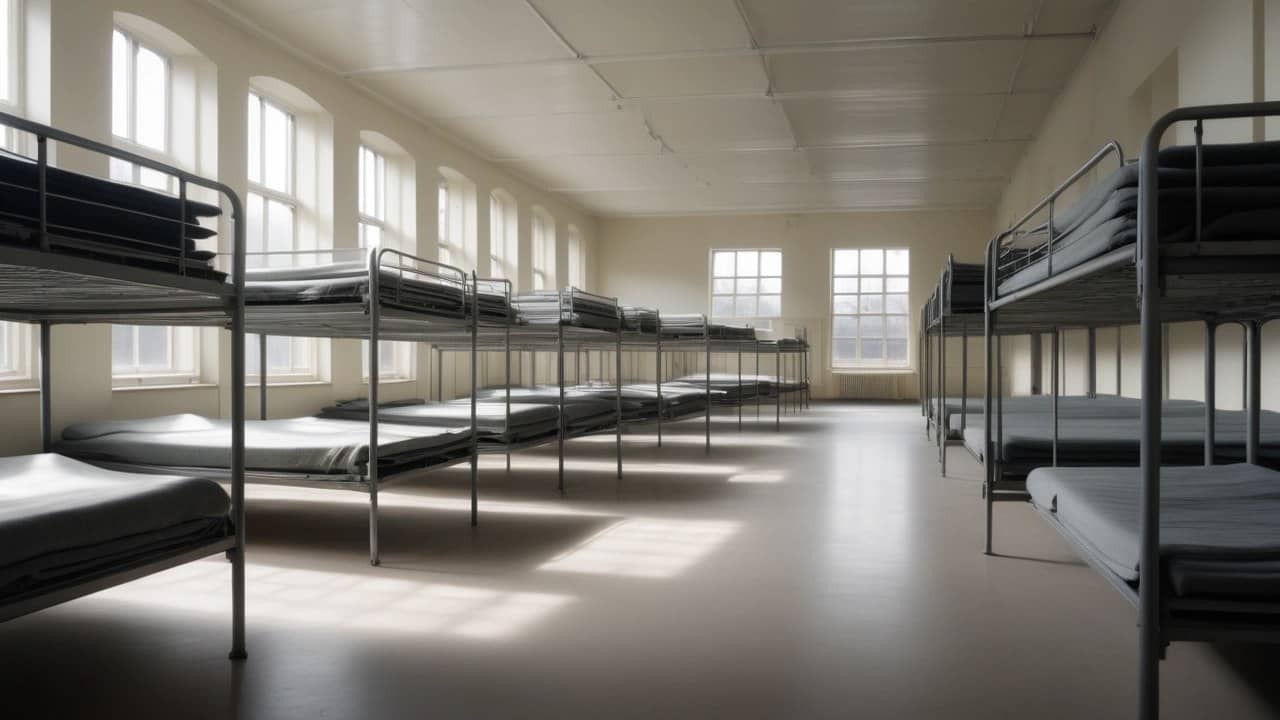 Empty school hall with simple camp bunk beds and folded blankets in neat rows, daylight from high windows, no people, no text or logos