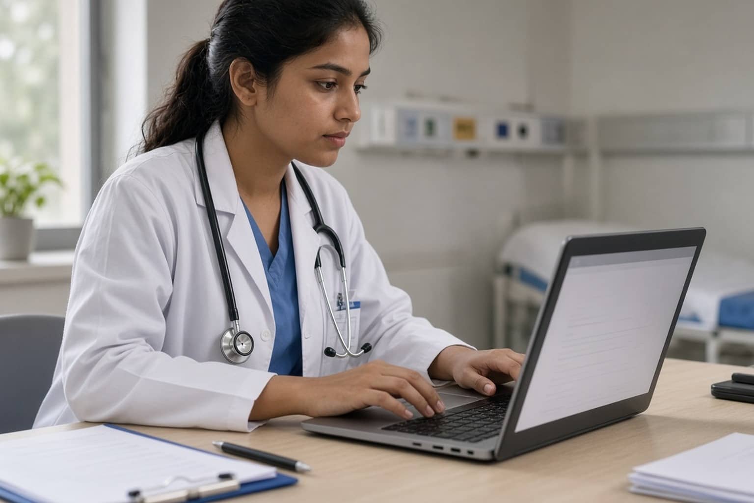 Representational illustration of a hospital joining desk with unmarked forms and a portal screen
