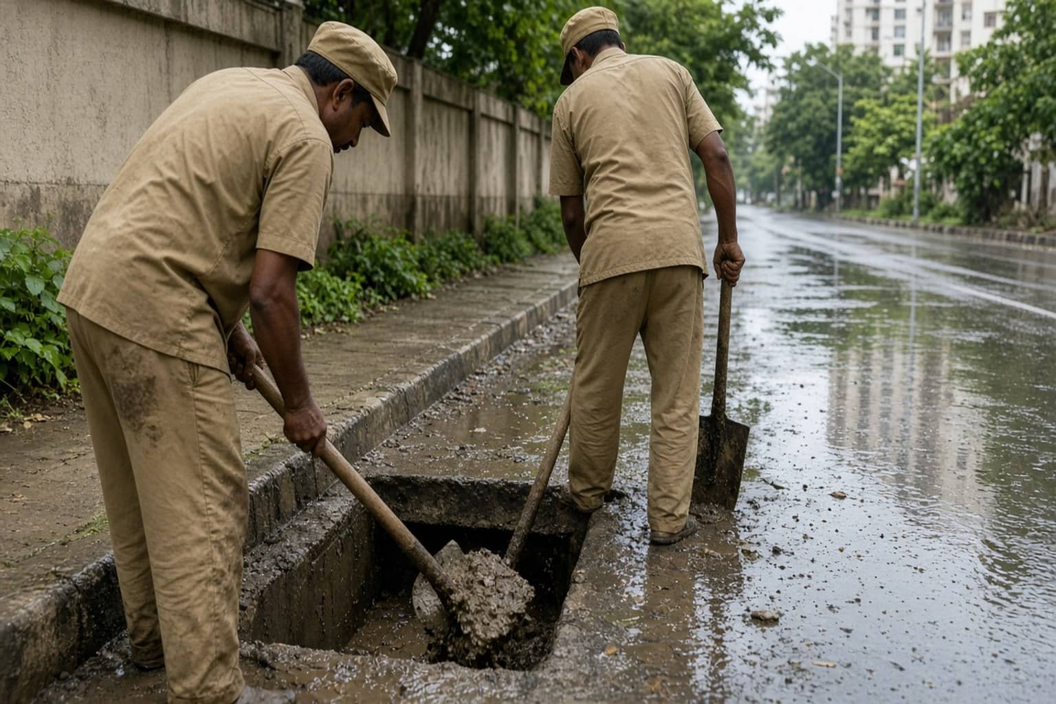 Municipal workers clearing roadside drainage traps in Gurugram