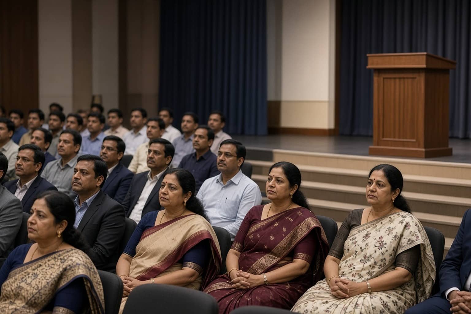 Representational illustration of a national teachers awards stage with ceremonial seating