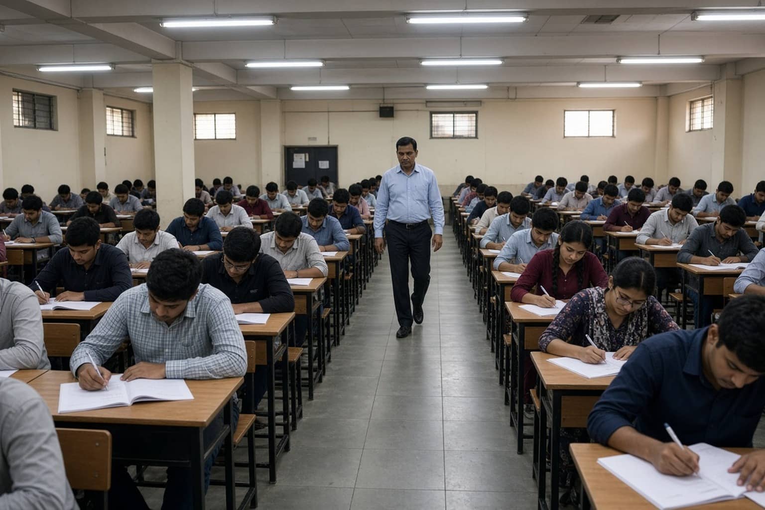 Representational illustration of AYUSH PG re-exam admit cards at a testing desk