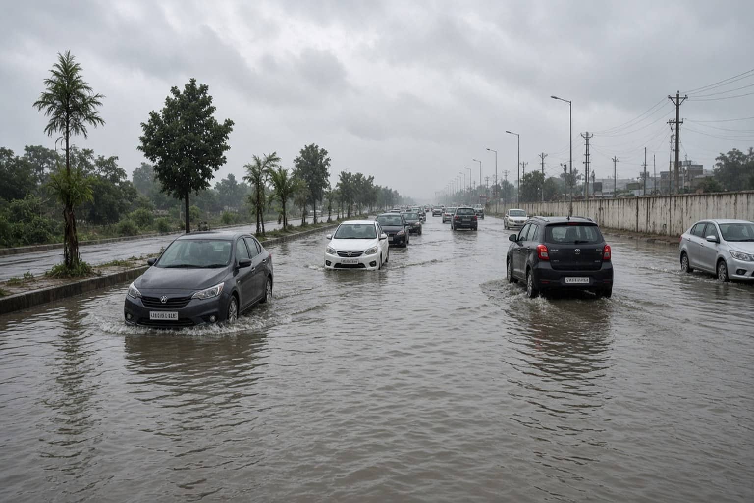 Waterlogged Gurugram road during monsoon rain