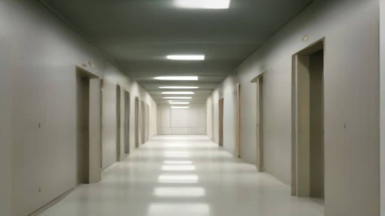 Empty modern hospital corridor with pale walls, polished floor and soft overhead lights, no patients, no staff, no readable charts or logos