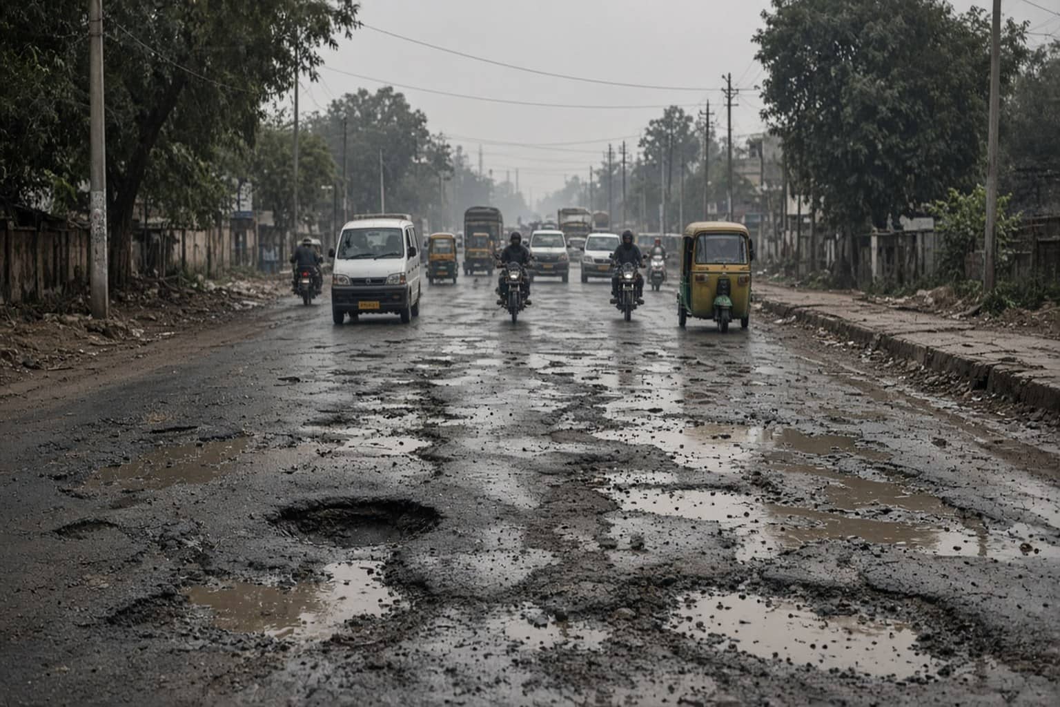 Damaged MG Road stretch with traffic in Gurugram