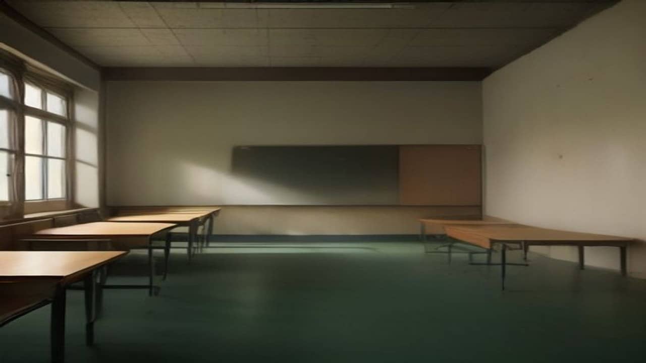 Empty school classroom corridor with wooden desks, chalkboard wall and soft daylight through windows, no students, no faces, no readable writing on board