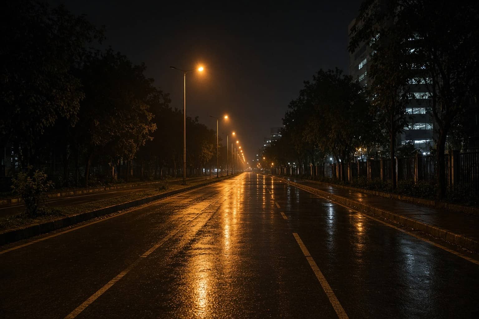 Urban sector road in Gurugram at night