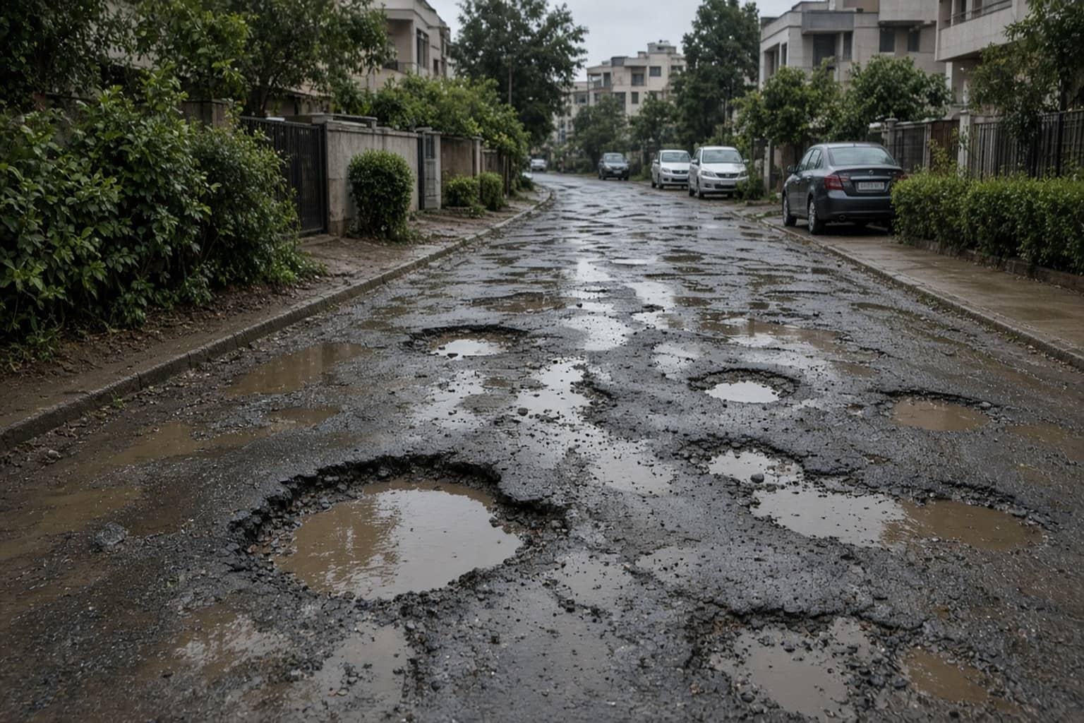 Potholed internal sector road in Gurugram Sector 14