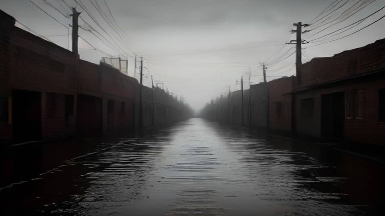 Empty waterlogged residential lane in a north Indian colony with brown standing water reflecting grey sky, no people, no vehicles, no readable shop signs