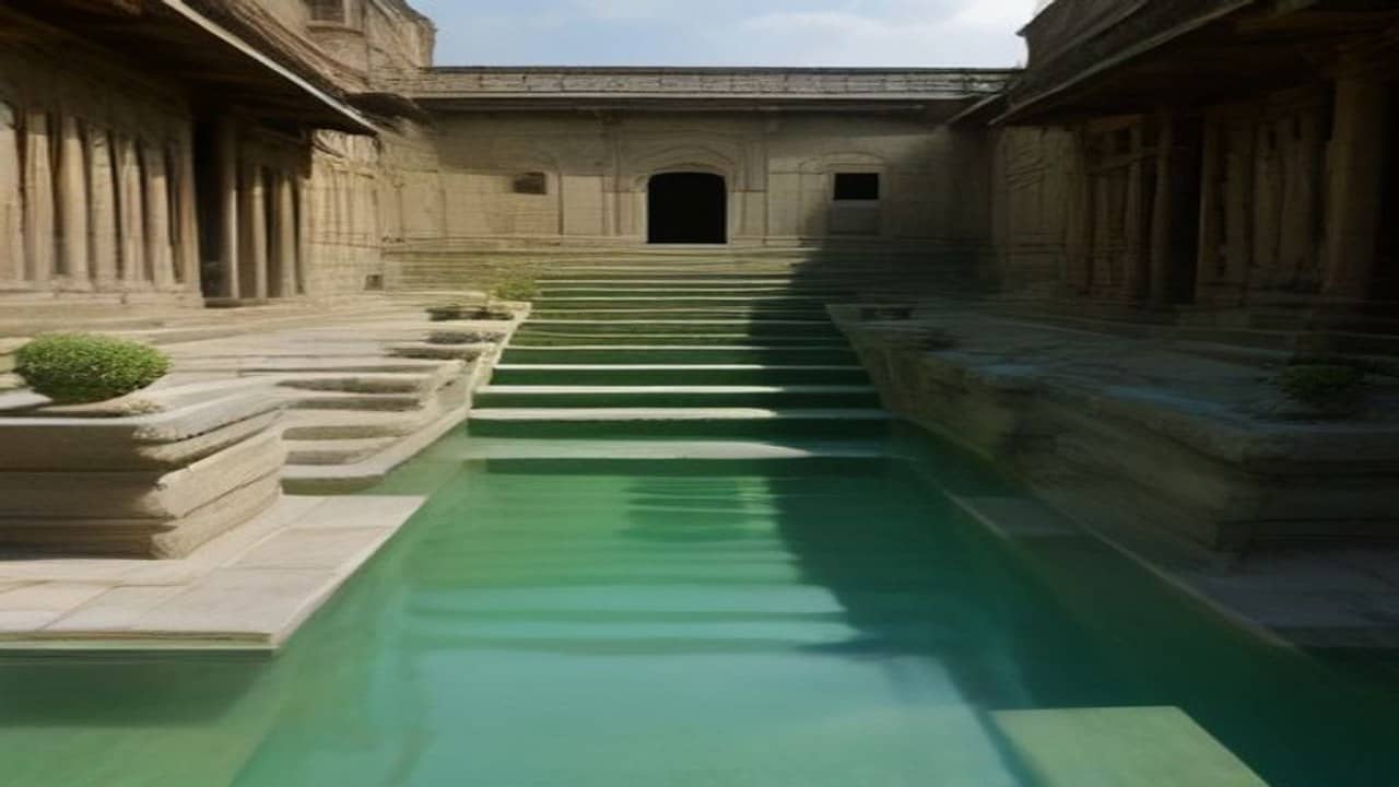 Empty traditional stone kund with stepped ghats and still greenish water under soft daylight, no people, no readable temple signs or boards