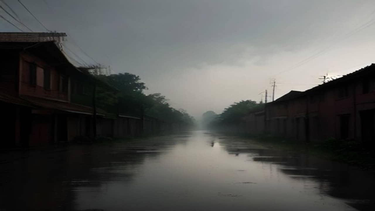 Empty flooded low-lying urban ward under monsoon sky with standing water among trees and distant skyline, no people, no drones close, no readable logos
