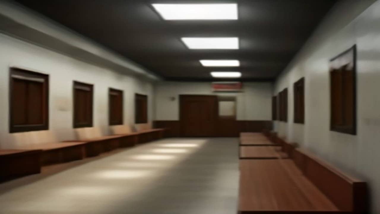 Empty courtroom corridor with wooden benches and closed chamber doors under institutional lighting, no people, no readable nameplates or case boards