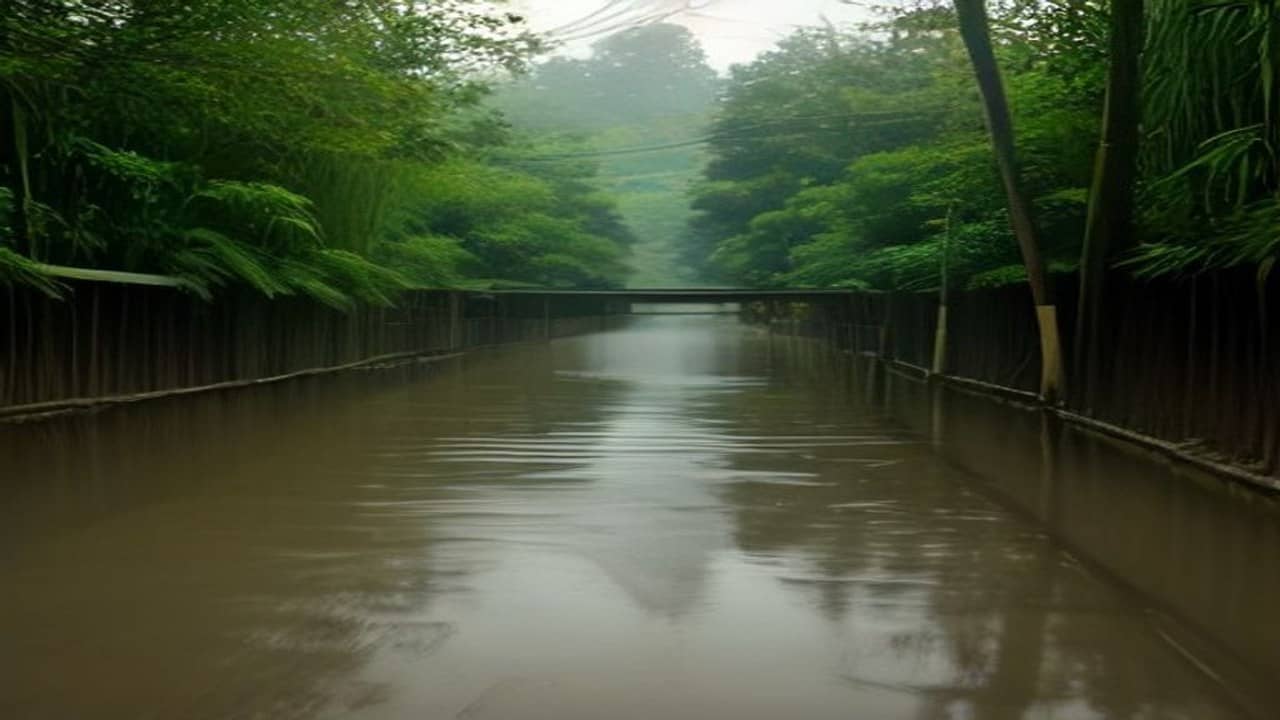 Empty waterlogged and partially blocked residential road with standing brown water and a simple bamboo barrier motif, no people, no faces, no readable placards