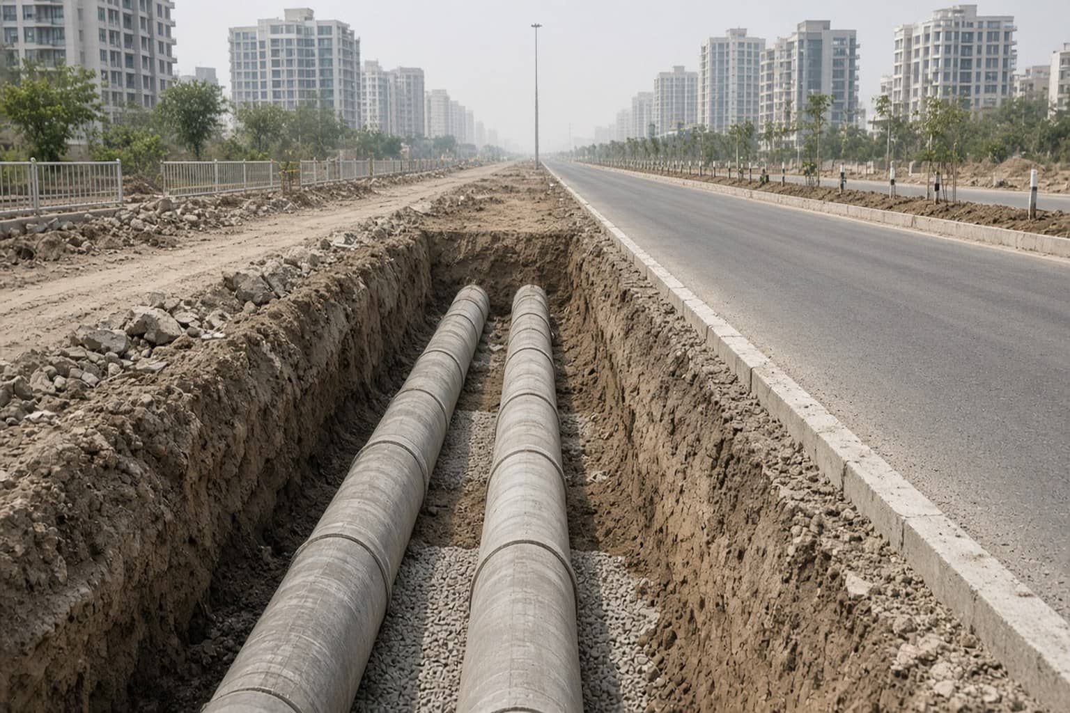 Sewer pipeline works along a New Gurugram sector road