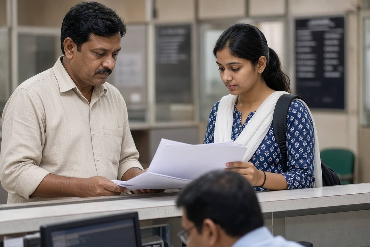 Representational illustration of reserved-category students with admission documents at a college desk
