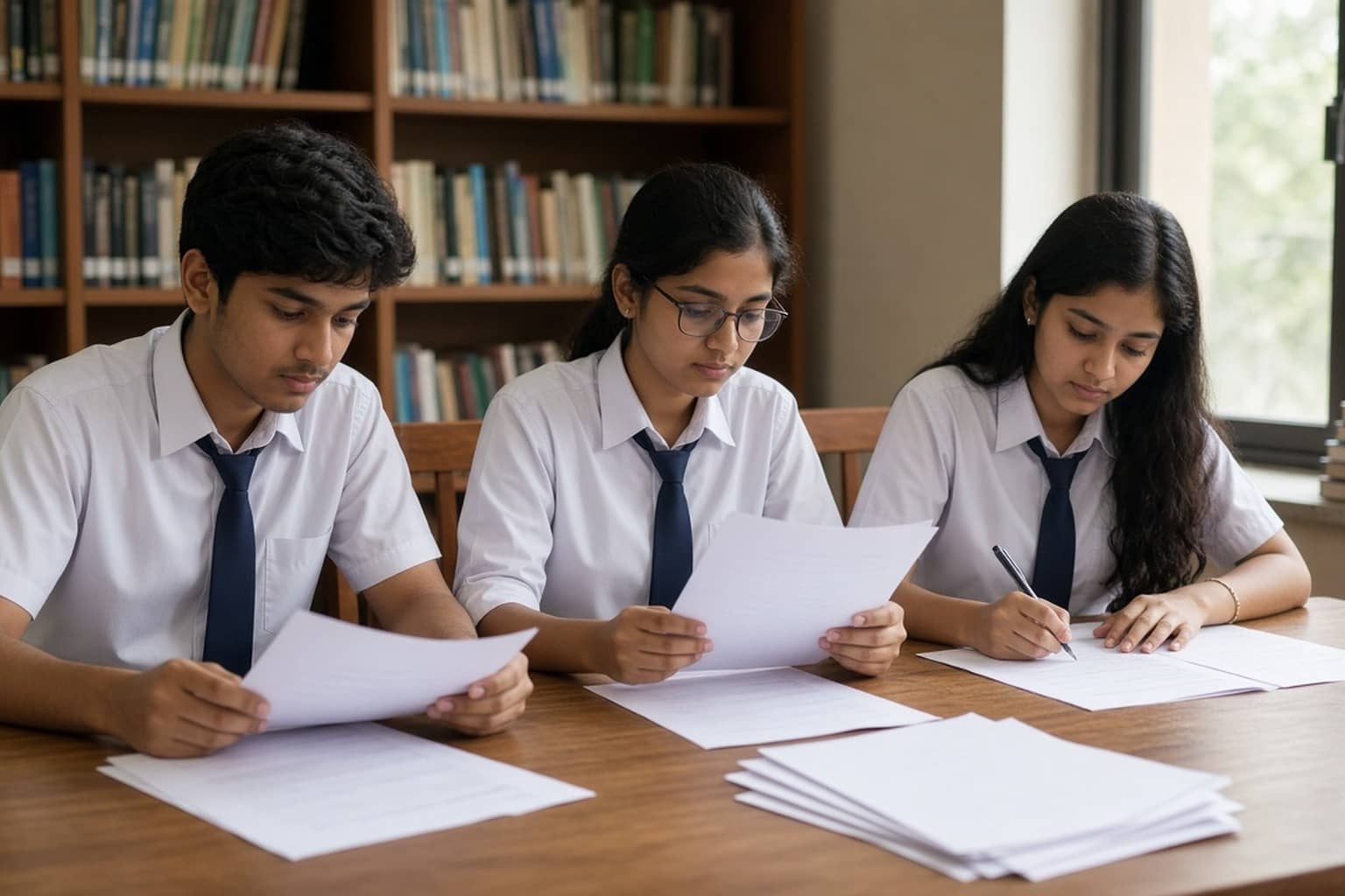 Representational illustration of Class XII answer books and a post-result verification desk