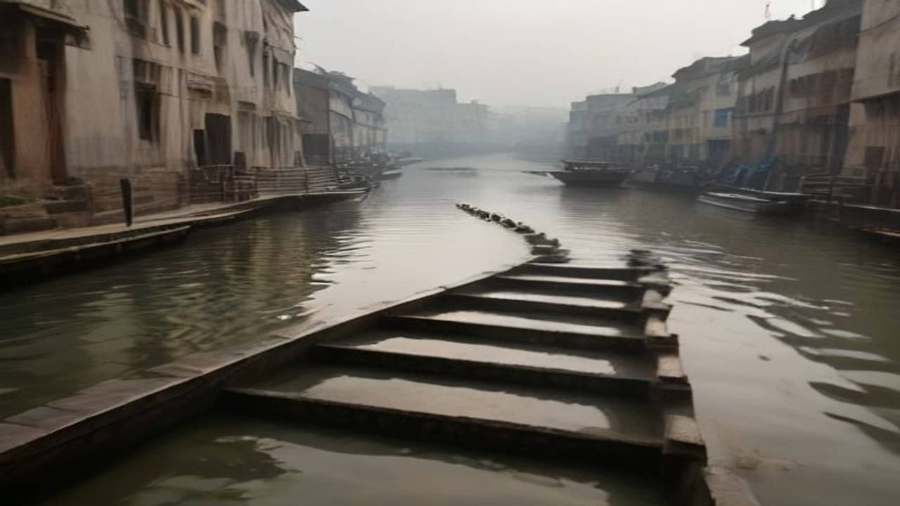 Empty flooded stone ghat steps descending into a wide brown monsoon river under grey overcast sky, wet stone, no people, no boats close, no text or logos