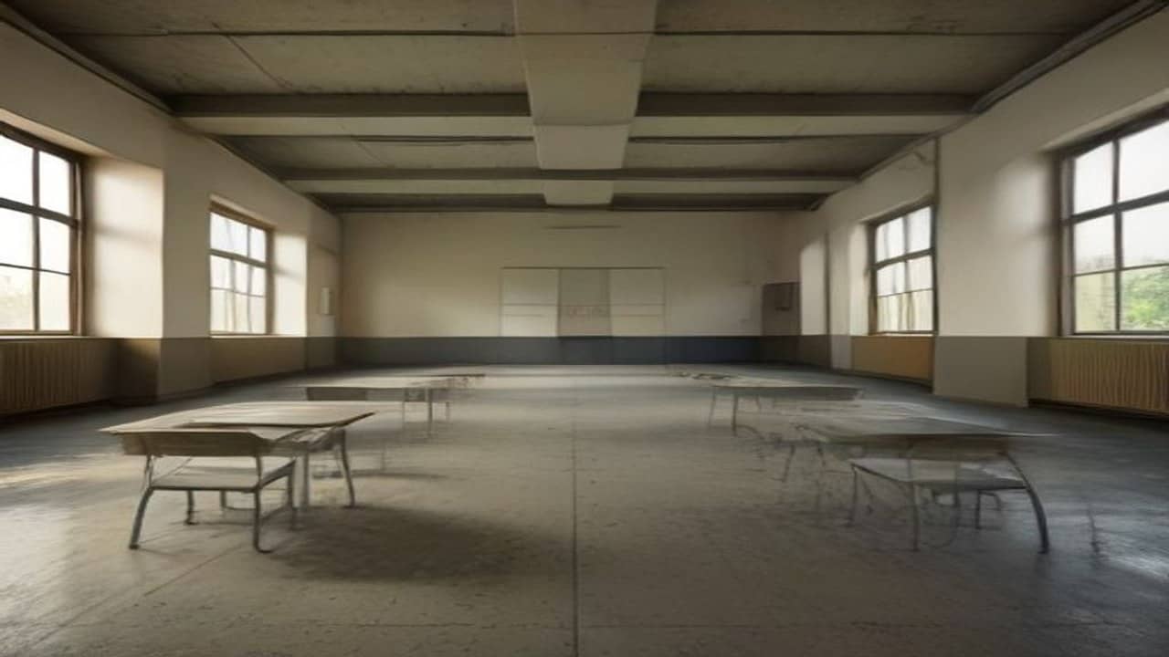 Empty school hall used as a relief camp with folded mats and vacant metal chairs along a bare floor, daylight from windows, no people, no readable signs or logos