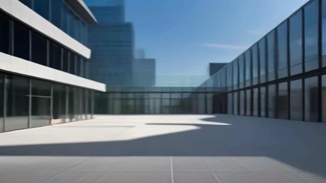 Empty outdoor civic plaza and modern convention-hall exterior under soft daylight, vacant paved forecourt, no people, no logos, banners or readable signs