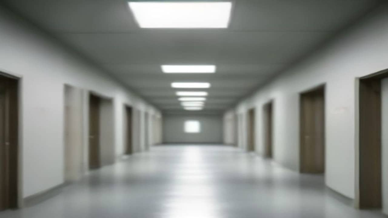 Empty hospital corridor with pale walls, polished floor and vacant waiting chairs under fluorescent light, no people, no nameplates, logos or readable signs