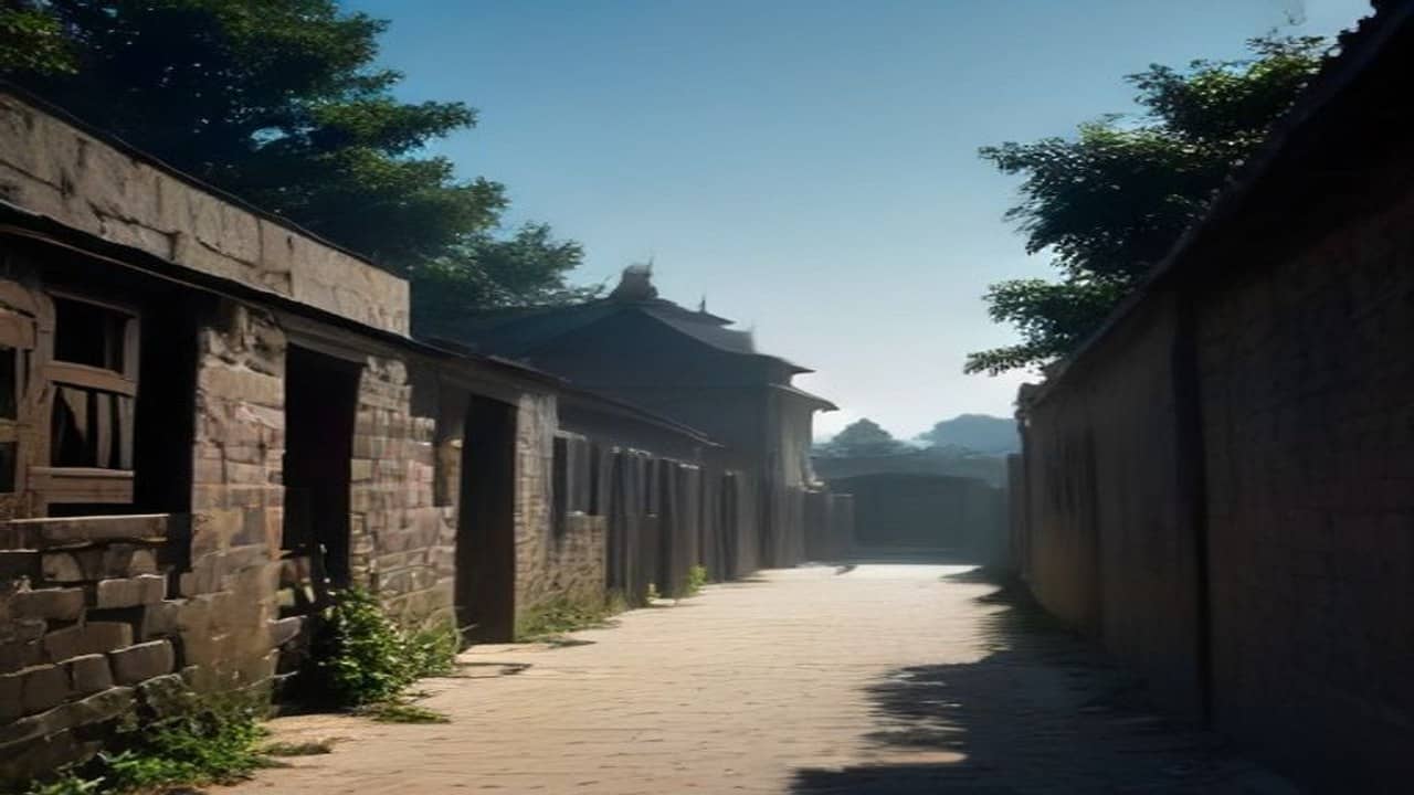 Empty heritage-zone pathway with stone paving and distant stupa-like silhouette under soft daylight, quiet street, no people, no readable signs or logos