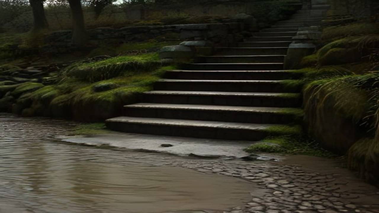 Empty wet stone ghat steps coated with brown silt and drying mud emerging from river water, grey sky, no people, no boats close, no readable signs