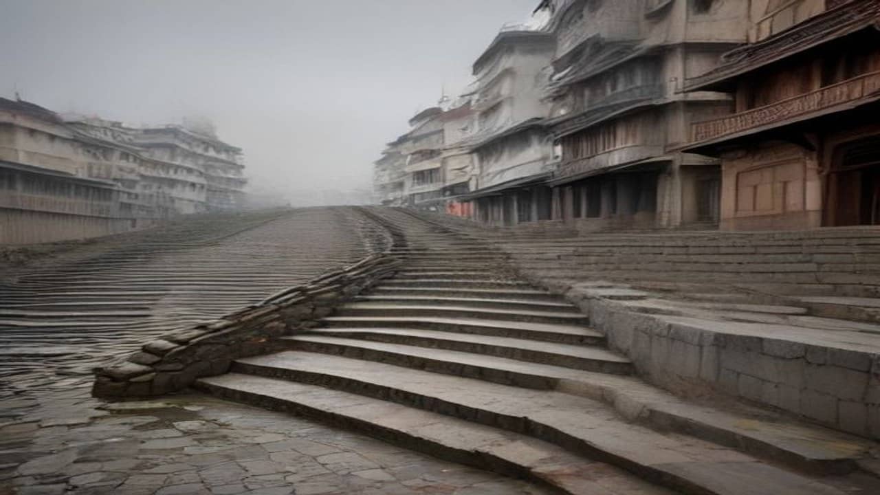 Empty wet stone ghat steps under a heavy grey overcast sky after rain, glistening wet stone, muted river beyond, no people, no text or logos