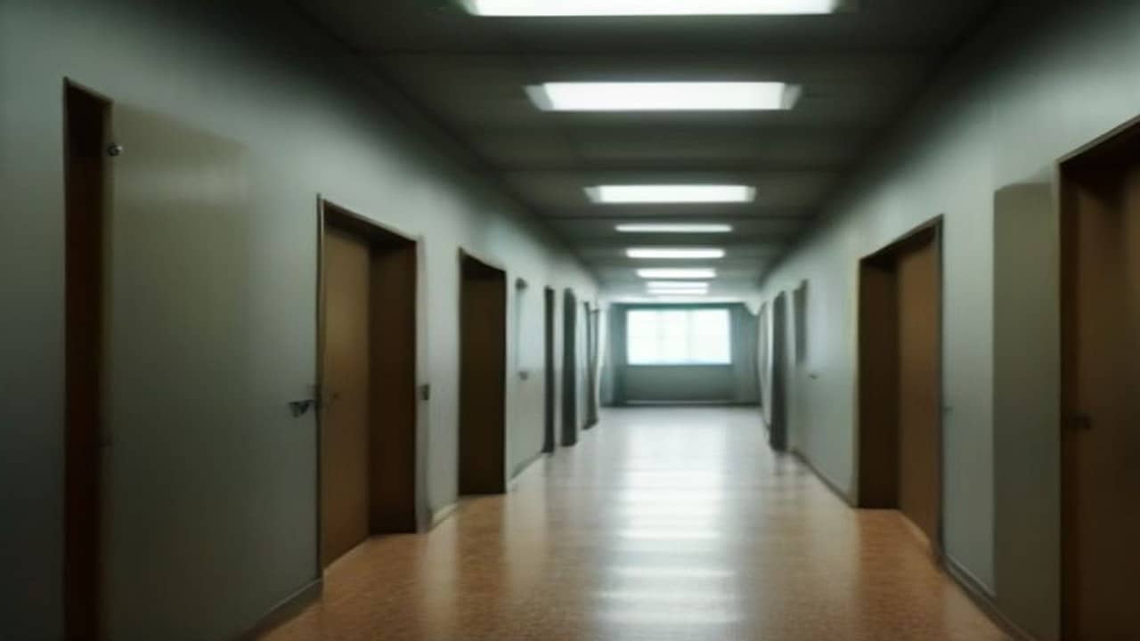 Empty courtroom corridor with polished floor, closed wooden doors and soft daylight from a high window, no people, no nameplates, logos or readable signs