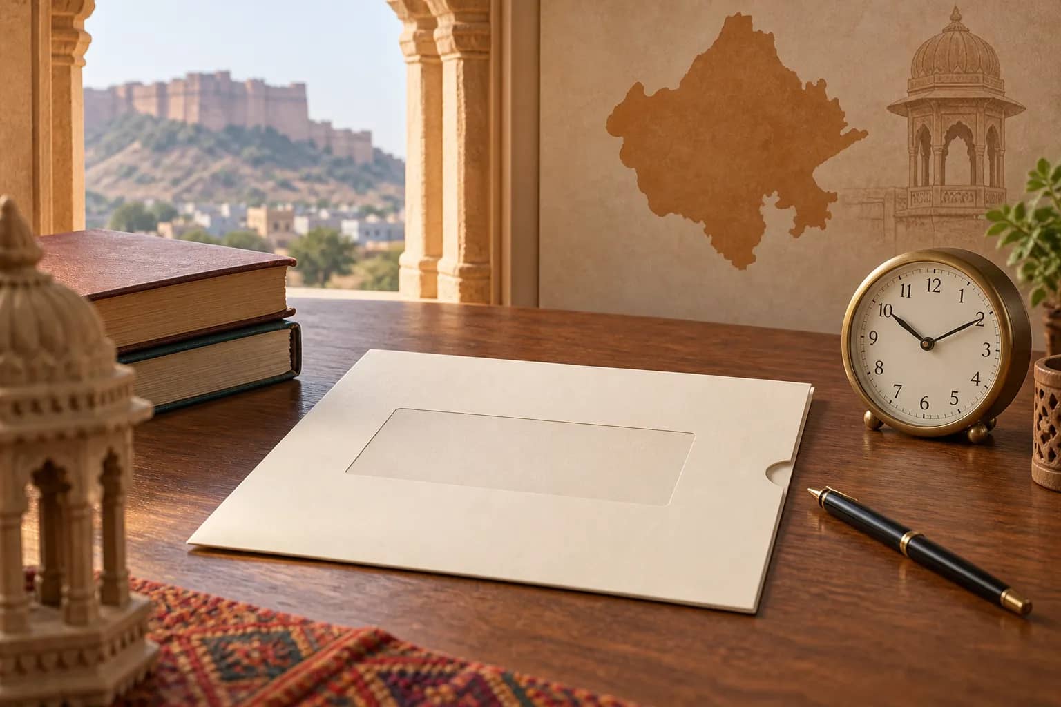 Representational eligibility-test desk with an unbranded hall-ticket folder, clock and writing materials