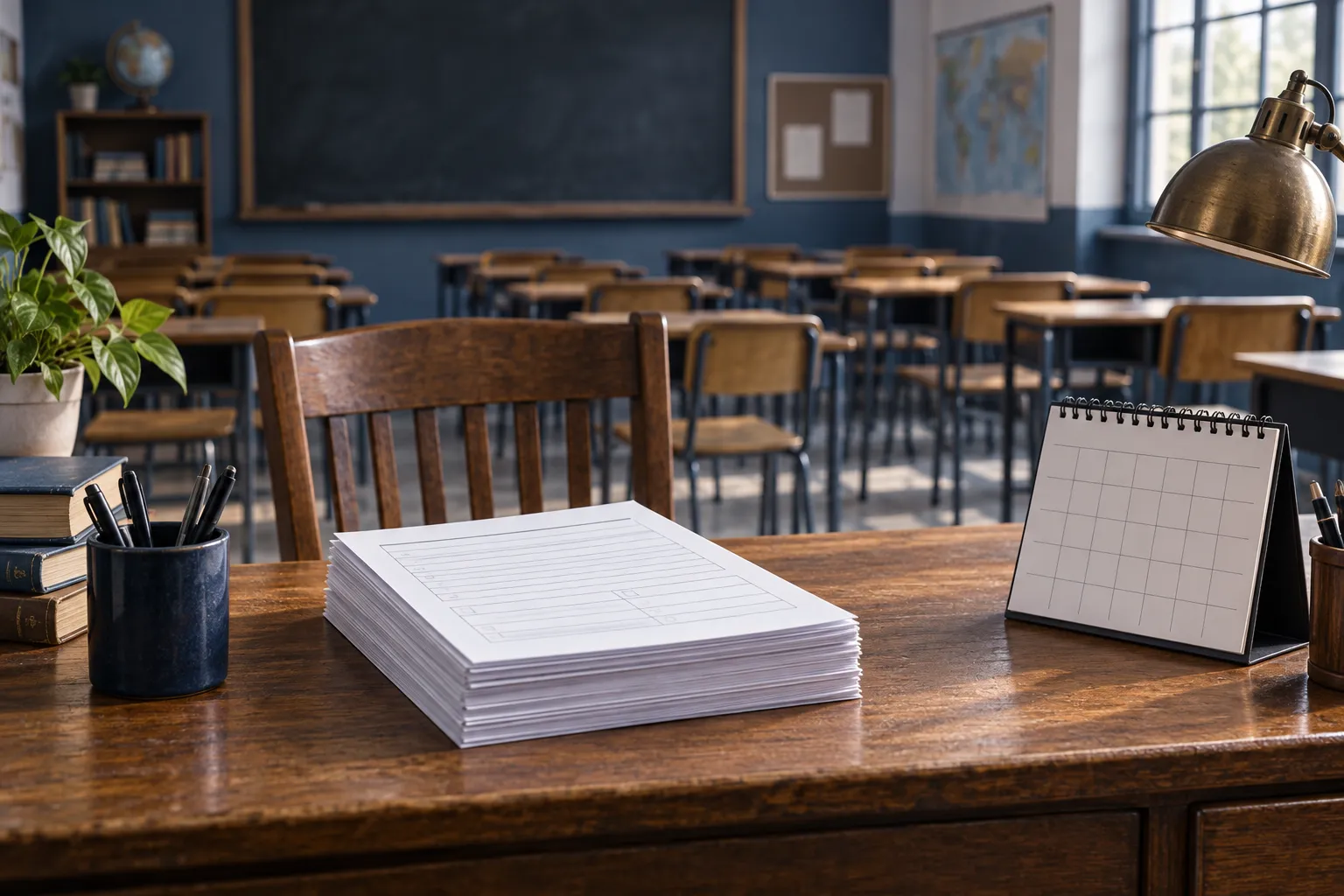 Representational empty classroom with blank teacher-recruitment forms, a calendar and a vacant chair