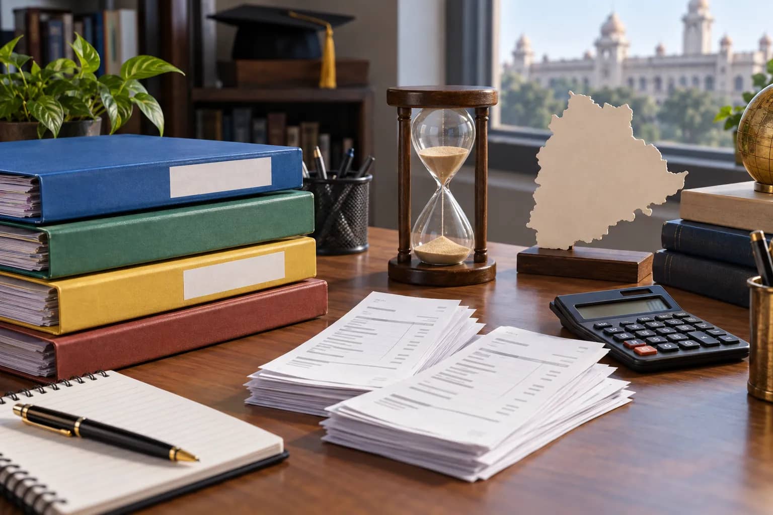 Representational education-finance desk with scholarship files, college fee receipts and an hourglass