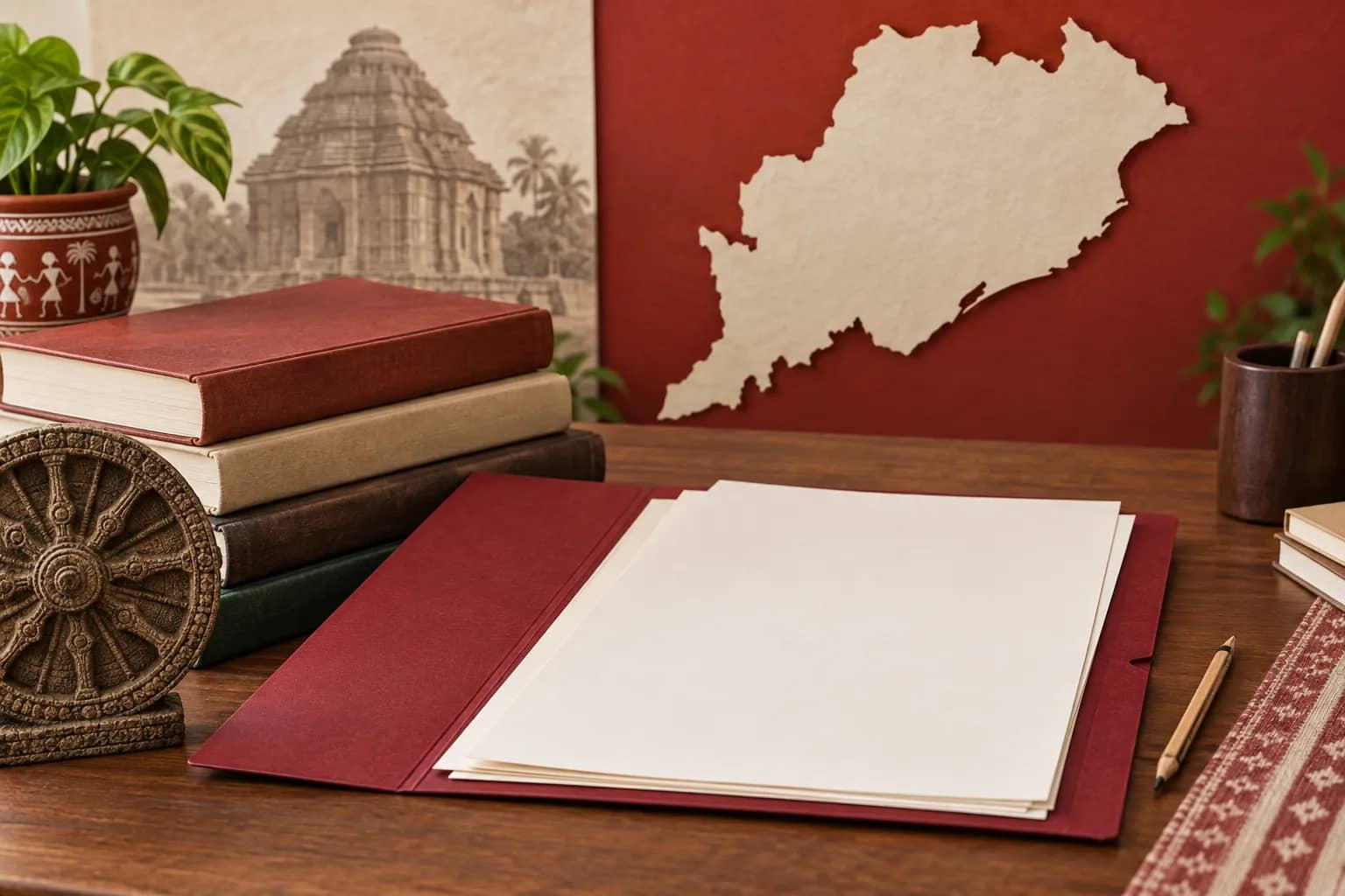 Representational teacher-education admissions desk with a merit-list folder, Odisha map outline and stationery