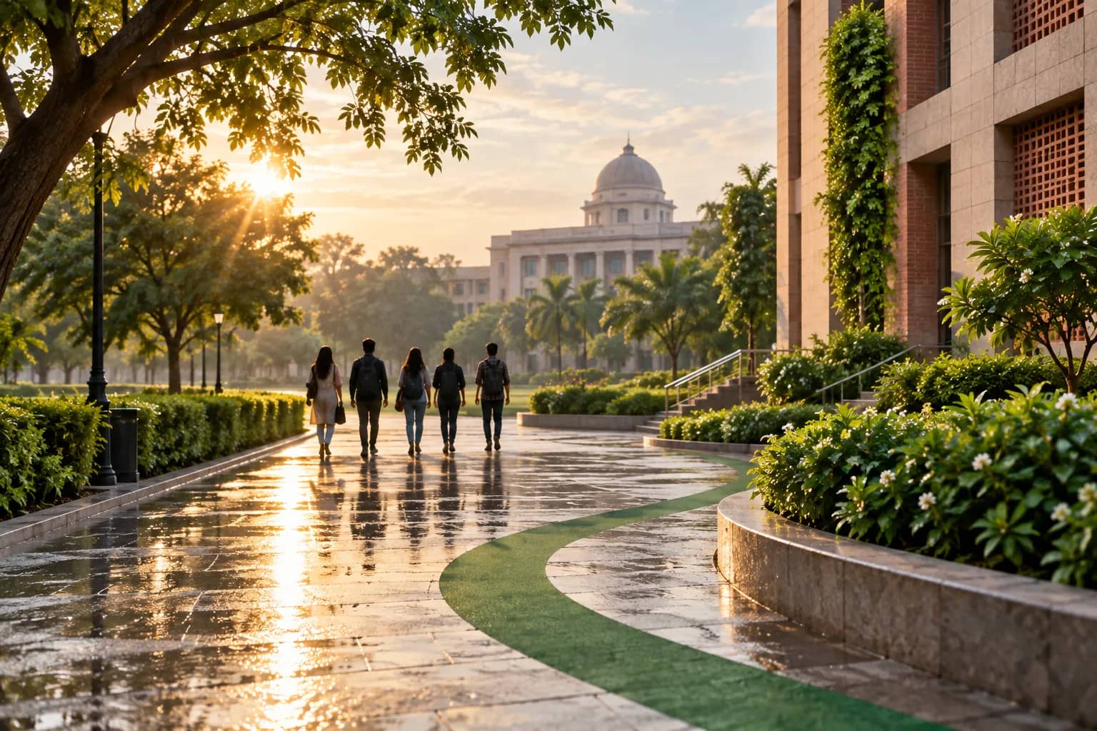 Representational university wellbeing visual showing an empty campus walkway, hopeful morning light and supportive adult silhouettes