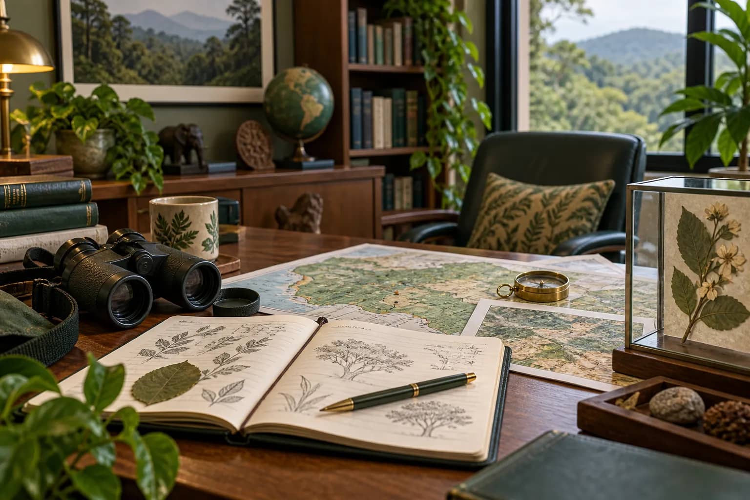 Representational life-sciences faculty office with wildlife research maps, field notebook and university books