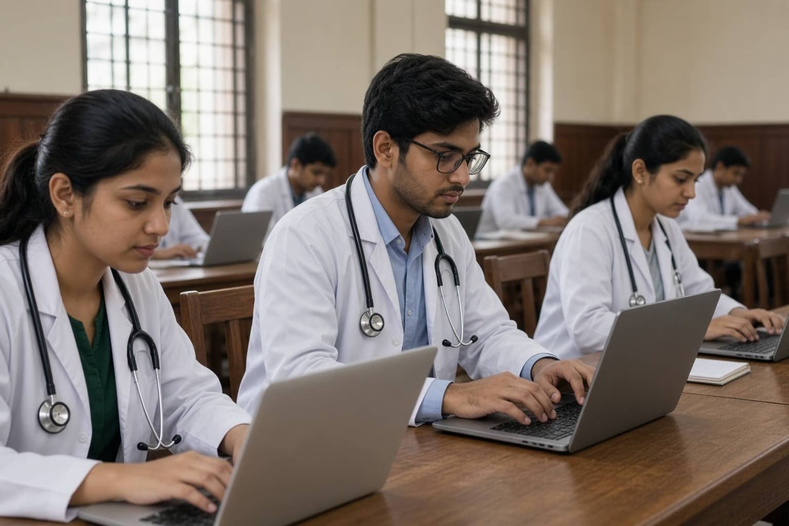 Representational illustration of a computer-based medical exam registration desk